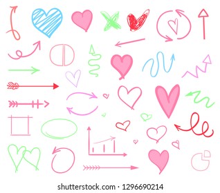 Infographic elements on isolation background. Hand drawn frames and arrows on white. Abstract frameworks. Line art. Set of different shapes. Colorful illustration. Doodles for artwork