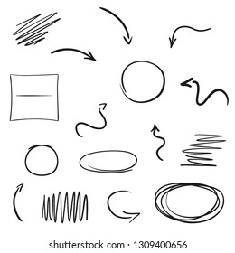 Infographic elements on isolation background. Collection of arrows on white. Signs for design. Hand drawn simple pointers. Line art. Abstract circles. Doodles for work