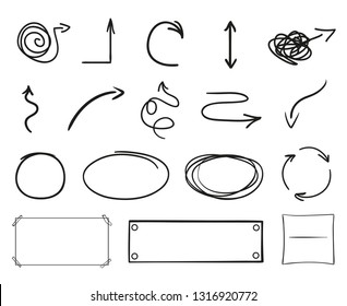 Infographic elements on isolation background. Collection of arrows on white. Signs for design. Hand drawn simple pointers. Line art. Abstract circles. Doodles for work