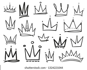 Infographic elements on isolation background. Collection of crowns on white. Hand drawn simple objects. Line art. Black and white illustration. Elements for design