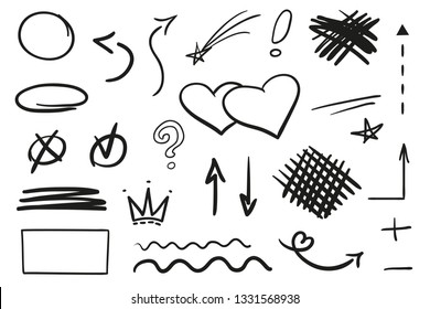 Infographic elements on isolation background. Collection of signs on white. Hand drawn simple shapes. Line art. Abstract circles and arrows. Doodles for work