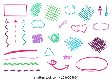 Infographic elements on isolation background. Colored set of sketchy signs. Hand drawn simple shapes. Line art. Abstract arrows. Symbols for work