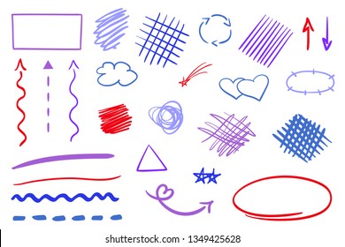 Infographic elements on isolation background. Colored set of sketchy signs. Hand drawn simple shapes. Line art. Abstract arrows. Symbols for work
