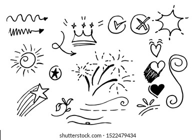 Infographic elements on isolation background. doodle hand drawn of design element arrow, heart, love, crown, flower, star, sun burst, firework, highlight text and emphasis element. vector illustration