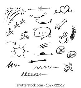Infographic elements on isolation background. doodle hand drawn of design element. curly swishes, swoops, swirl, arrow, heart, love, crown, flower, star, firework, highlight text. 