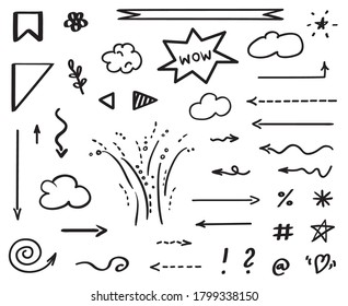 Infographic elements on isolation background. Collection of signs on white. Hand drawn simple shapes