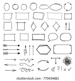 Infographic elements on isolation background. Big set of different signs. Hand drawn simple elements. Highlighters for design. Line art. Abstract circles, arrows and rectangle frames. Doodles for work