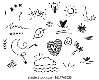 Infographic elements on isolation white background. doodle hand drawn of design element. curly swishes, swoops, swirl, arrow, heart, love, crown, leaf, star, sun burst, firework. vector illustration