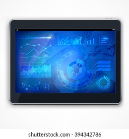 Infographic elements on tablet screen in blue, vector illustration