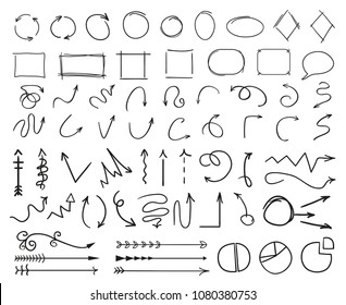 Infographic elements on white background. Black arrows. Symbols for design. Hand drawn simple arrow. Line art. Set of different signs. Doodles for work. Art creation