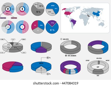 Infographic elements pack, round shaped. World map with all countries select-able included.