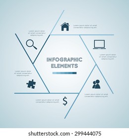 Infographic elements with pentagon shape consists of six separate parts created from outlines.  Each part has dedicated text and simple sign. Background of picture is blue.