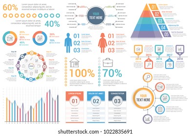 Infographic elements - percents, pie charts, circle diagram, bar graph, mind map, people infographics, pyramid, timeline, steps/options, vector eps10 illustration Infographic elements - percents, pie charts, circle diagram, bar graph, mind map, people infographics, pyramid, timeline, steps/options, vector eps10 illustration