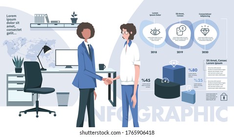 Elementos infográficos. La gente de negocios habla en la oficina. Hay infografías en segundo plano. Vector de negocio Ilustración, concepto gráfico de comunicación social con gráficos y números.