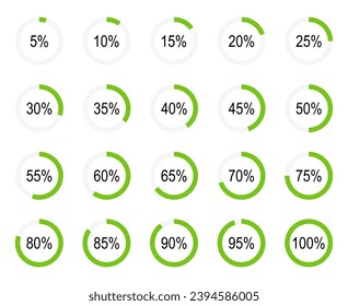 Infografische Elemente. Kuchendiagramme. Prozent Download, Dashboard für Web, App. Analyse in Prozent. Satz von Diagrammen. Rundgefüllte Ladestangen. Batterieaufladung, Fortschritt, Puffer, Transfersymbol.