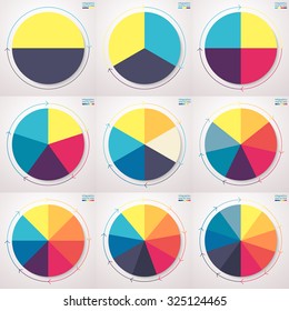 Infographic elements. Pie charts with thin line arrows. Set of flat pie charts with 2, 3, 4, 5, 6, 7, 8, 9, 10 steps, options, parts, processes. Vector business templates for presentation.