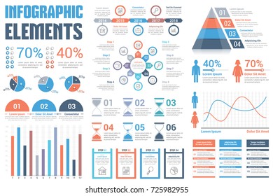 Infographic Elements - pie charts, timeline, percents, bar graph, line graph, people infographics, circle diagram, pyramid, steps, options, vector eps10 illustration