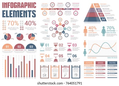 Infographic Elements - pie charts, timeline, percents, bar graph, line graph, people infographics, circle diagram, pyramid, steps, options, vector eps10 illustration