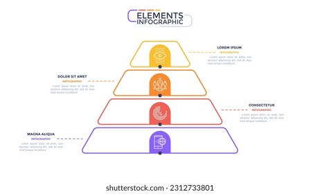 Infografische Elemente der Pyramidenschablone mit 4 bunten Schritten auf weißem Hintergrund. Moderne lineare Vektorgrafik für kommerzielle Datenanalyse-Leistung. Bilder von Geschäftsprozessen