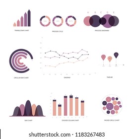 Infographic Elements, Report Presentation Vector Set. Pink, Purple Female Elegant Data Visualisation Design. Data Rating Diagram, Path, Target Chart. Statistics Poster Infographic Elements