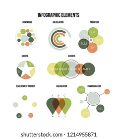 Infographic Elements, Report Presentation Vector Set. Brown, Green Graphic Statistics, Data Visualisation Design. Data Set Diagram, Path, Target Circle Chart. Vintage Education Infographic Element