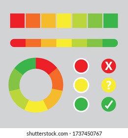 Infographic elements for reporting on a good bad in the middle kind of ranking. Includes gradient bars, circle and buttons.