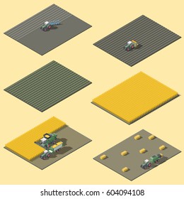 Infographic elements representing field work of agricultural machinery isometric icon set vector graphic