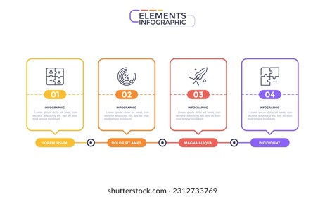 Infographic elements of sequence template with 4 steps placed in horizontal row on white background. Successful startup growth flow with icons. Modern flat vector illustration for presentation