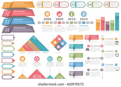 Infographic elements set - objects for text and numbers or icons, timeline, process diagram, bar chart, percents graphs, vector eps10 illustration