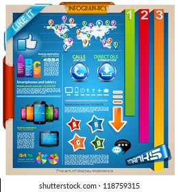 Infographic elements - set of paper tags, technology icons, graphs, paper tags, arrows, world map and so on. Ideal for statistic data display.