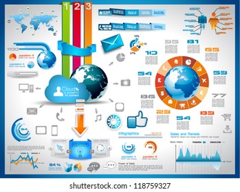 Infographic elements - set of paper tags, technology icons, cloud cmputing, graphs, paper tags, arrows, world map and so on. Ideal for statistic data display.