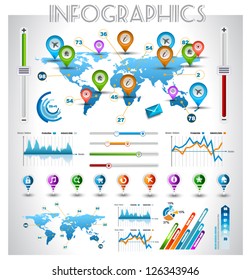 Infographic elements - set of paper tags, technology icons, cloud cmputing, graphs, paper tags, arrows, world map and so on. Ideal for statistic data display.