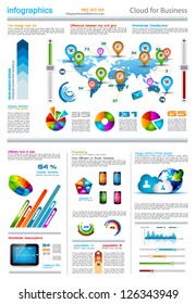 Elementos infográficos: conjunto de etiquetas de papel, iconos de tecnología, computación en la nube, gráficos, etiquetas de papel, flechas, mapa del mundo, etc. Ideal para mostrar datos estadísticos.