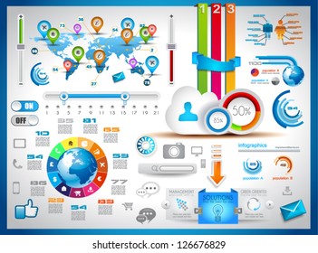 Infographic elements - set of paper tags, technology icons, cloud cmputing, graphs, paper tags, arrows, world map and so on. Ideal for statistic data display.