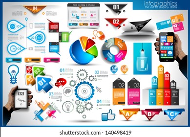 Infographic elements - set of paper tags, technology icons, cloud cmputing, graphs, paper tags, arrows, world map and so on. Ideal for statistic data display.