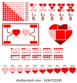 Infographic elements showing a heart and different styles of representing percentages, or parts