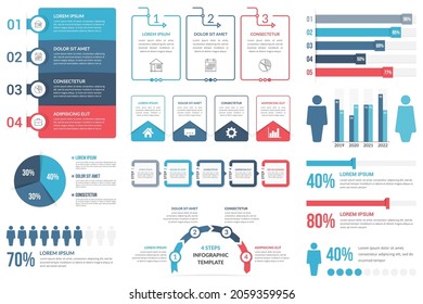 Elementos infográficos: pasos y opciones, porcentajes, infografía de personas, gráfico circular y gráfico de barras, ilustración de vectores10