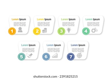 Vorlage für Infografiken, Geschäftskonzept mit 7 Schritten, Design für mehrfarbige Formen für das Workflow-Layout, Diagramm, Jahresbericht, Webdesign.Kreativer Banner, Vektorgrafik-Label