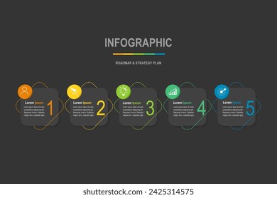 infographic elements template, business concept with, 5 steps, multi color on grey rectangle shape design for workflow layout, diagram, annual report, web design.Creative banner, label vector