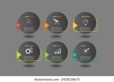 infographic elements template, business concept with, 6 steps, multi color on grey circle shape design for workflow layout, diagram, annual report, web design.Creative banner, label vector