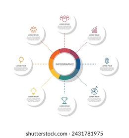 infographic elements template, business concept with 8 steps, workflow layout, circles, diagram, report, web design. Creative, vector, illustration, on a white background.