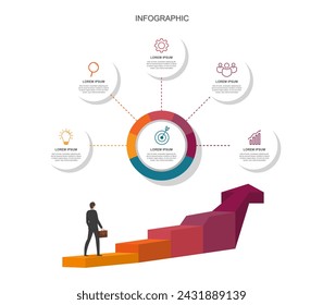 infographic elements template, business concept with 6 steps, workflow layout, circles, diagram, report, web design. Creative, vector, illustration, on a white background.