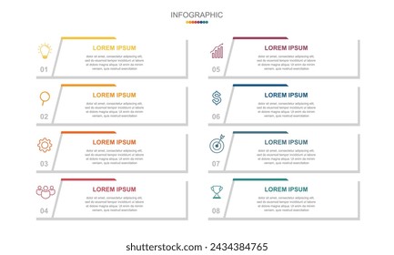 Infografik Elemente Vorlage, Geschäftskonzept mit 8 Schritten, Workflow Layout, Kreise, Diagramm, Bericht, Webdesign. Kreativ, Vektor, Illustration, Kann für Prozessdiagramm, Präsentationen verwendet werden.