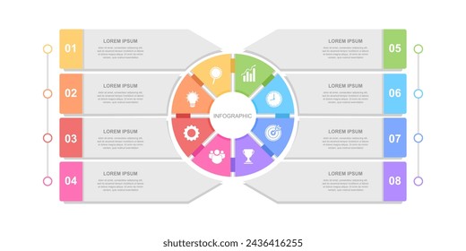 plantilla de elementos infográficos, concepto de negocio con 8 pasos, diseño de flujo de trabajo, círculos, diagrama, informe, diseño web. Creativo, vector, ilustración, Se puede utilizar para diagrama de proceso, presentaciones.