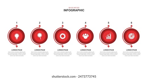 Plantilla de elementos infográficos, concepto de negocio con 6 pasos, diseño de flujo de trabajo, iconos, diagrama, informe, Diseño web. Creativo, Vector, ilustración.