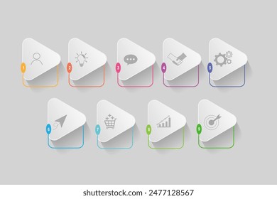 infographic elements template, business concept with 9 steps, multi color triangle shapes design for workflow layout, diagram, annual report, web design.Creative banner, label vector