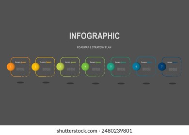 Infografik-Elemente Vorlage, Geschäftskonzept mit 7 Stufen, mehrfarbiges Rechteck-Formen-Design für Workflow-Layout, Diagramm, Geschäftsbericht, Webdesign.Creative Banner, Label-Vektorgrafik