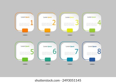 Infografik-Elemente Vorlage, Geschäftskonzept mit 8 Stufen, weißes Rechteck-Formen-Design für Workflow-Layout, Diagramm, Geschäftsbericht, Webdesign.Creative Banner, Label-Vektorgrafik