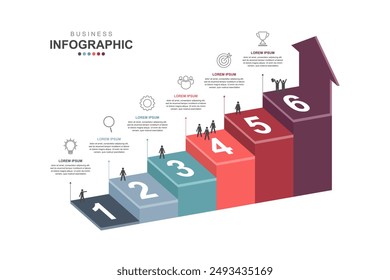 Infografik-Elemente Vorlage, Business Concept Timeline 6 Schritte, Workflow-Layout, Symbole, Diagramm, Bericht, Webdesign. Kreativ, Marketingdaten, Vektorgrafik.