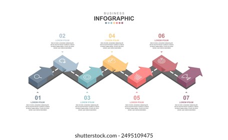 Infographic elements template, Business concept Timeline 7 steps, workflow layout, icons, diagram, report, web design. Creative, marketing data, vector.